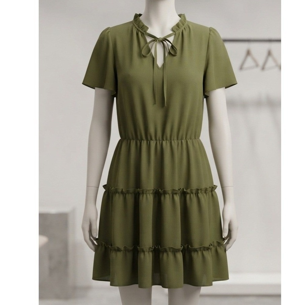 Olive Green Ruffle Neck Tiered Mini Dress Short Flutter Sleeve Chiffon Size S